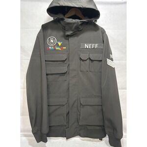 NEFF Jacket Threads Men's Medium Full Zip Sarge Coat Hood Pockets Patch Black